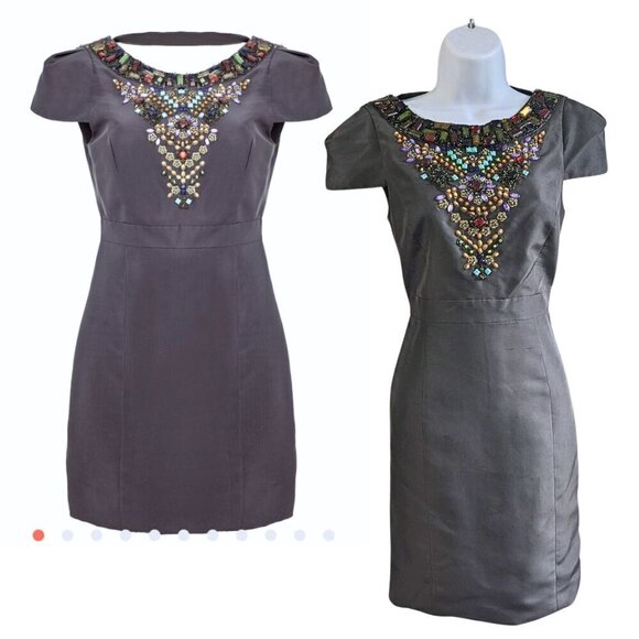 TIBI NY Charcoal Gray 100% Silk Jewel Embellished Cap Sleeve Mini Dress Size 4 - Picture 1 of 10